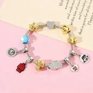 925 Sterling Silver & 14K Gold Peanuts Snoopy Themed Loaded Charm Bracelet